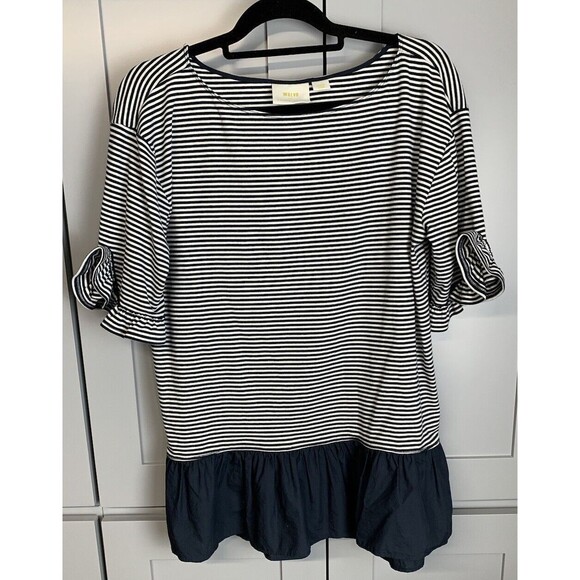 MAEVE Anthropologie Large tunic Top Navy white Stripe Ruffle short sleeve‎ round - Picture 3 of 7
